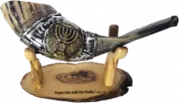 Shofar ram, silver and gold plated, with a menorah pattern, handmade