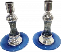 Candelesticks for Shabbat candles made of blue glass and plated with 925 silver