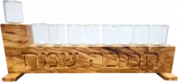 Olive wood menorah Hanukkah and glass cups, with engraving Happy hanukkah, handmade