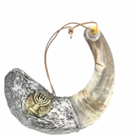 Shofar ram for anointing oil, silver and gold plated, with a menorah pattern , handmade