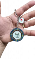 Rotating keychan with a memorah pattern and colorful Jerusalem walls around it