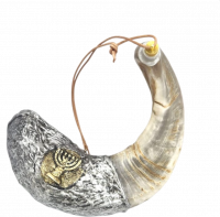 Shofar ram for anointing oil, silver and gold plated, with a menorah pattern , handmade