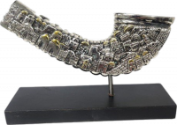 Shofar ram casting, not real, silver plated, with a pattern of the walls of ancient Jerusalem
