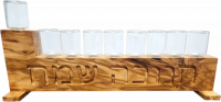 Olive wood menorah Hanukkah and glass cups, with engraving Happy hanukkah, handmade
